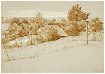 Uma paisagem arborizada com uma casa de campo